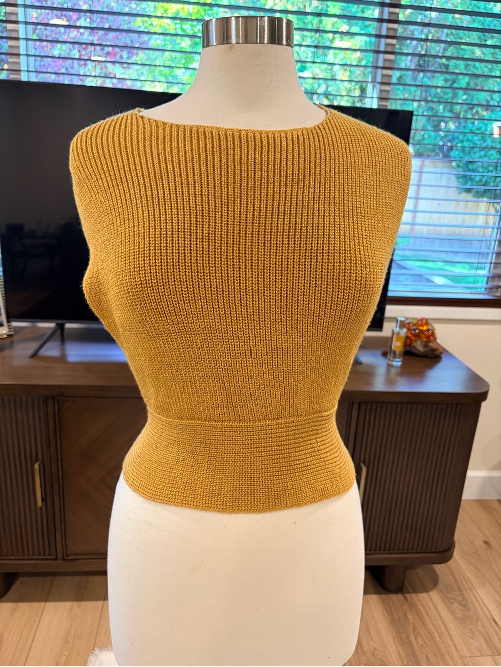 Free People Mustard Ribbed Waist-Defining Crew Sweater